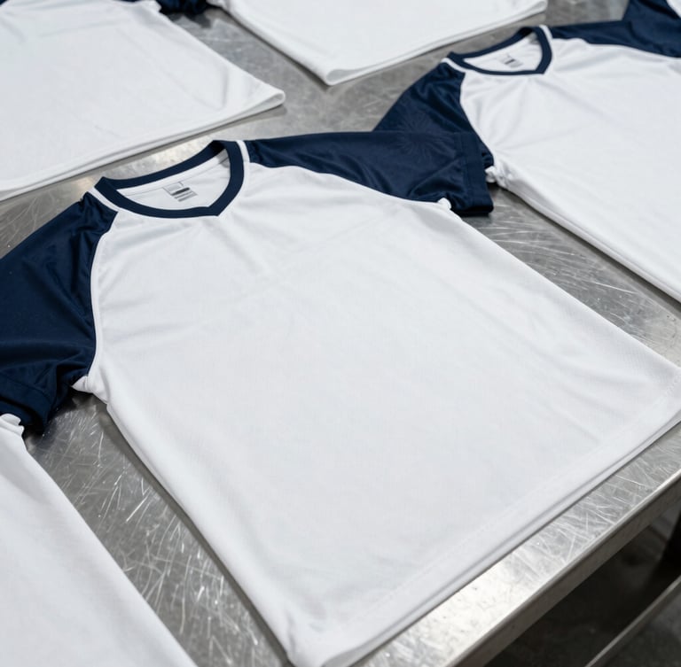 Crisp flat-lay of custom sublimated team kits on a steel worktable, technical double-stitched seams visible, bright cool studio lighting, high contrast, 50mm lens
