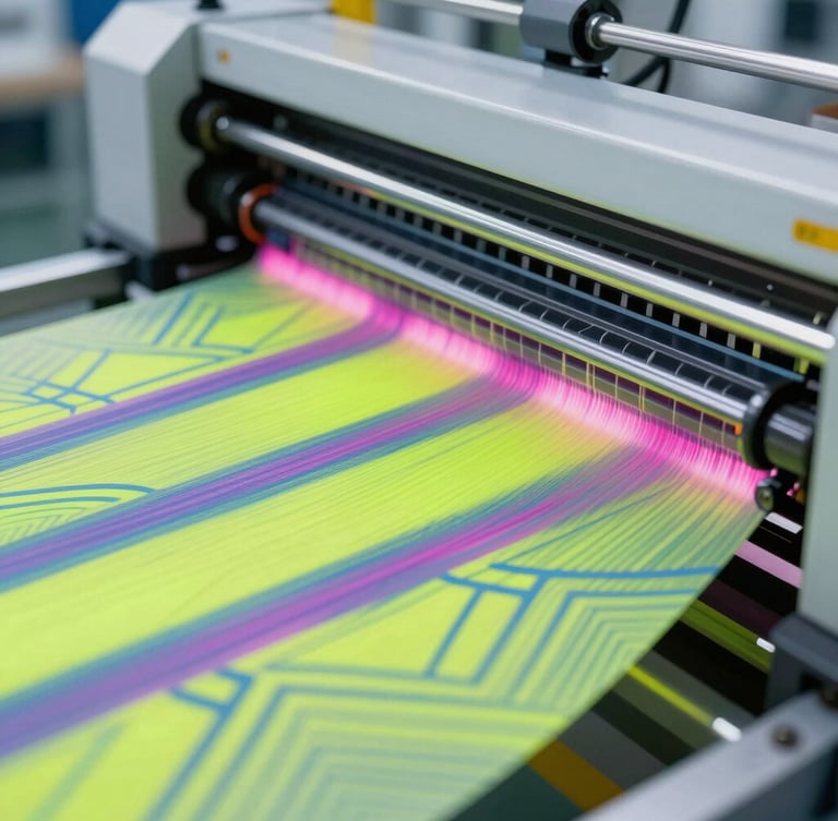 Macro close-up of high-speed sublimation printing machinery transferring vibrant neon patterns onto technical performance fabric on a bright industrial factory floor.