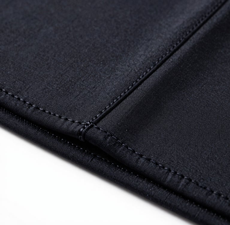 Macro detail shot of double-stitched flatlock seams on a black technical compression garment, bright cool-toned studio light, high-contrast technical details, sharp focus.