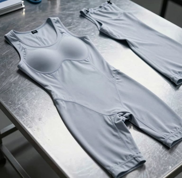 Crisp industrial flat-lay of finished compression garments on a dark metal table, bright cool-toned studio light, high-contrast technical details, sharp focus