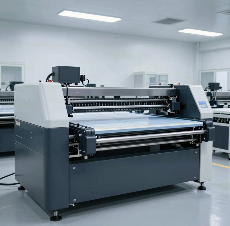 Wide-angle crisp industrial photography of high-tech sublimation printing machinery operating on a clean factory floor, cool-toned daylight, sharp focus.