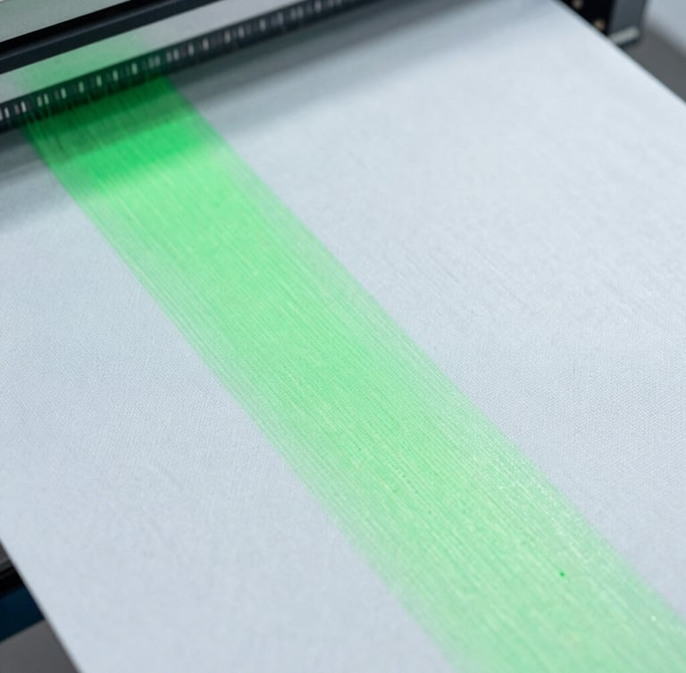 Macro detail shot of high-speed sublimation printing on technical white polyester fabric, neon green dye absorbing into fibers, bright cool-toned studio light