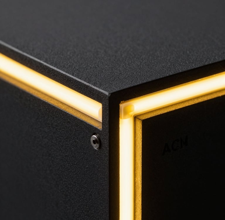 Extreme close-up macro shot of a precision-cut matte black ACM panel joint, glowing neon yellow LED light strip recessed inside, industrial architectural texture, sharp focus.
