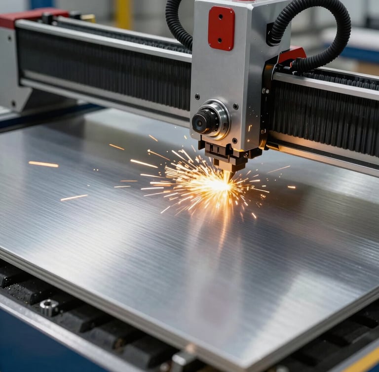Extreme close-up of a premium brushed aluminum composite panel (ACM) being precisely cut by a CNC router, bright yellow sparks flying, industrial workshop lighting.