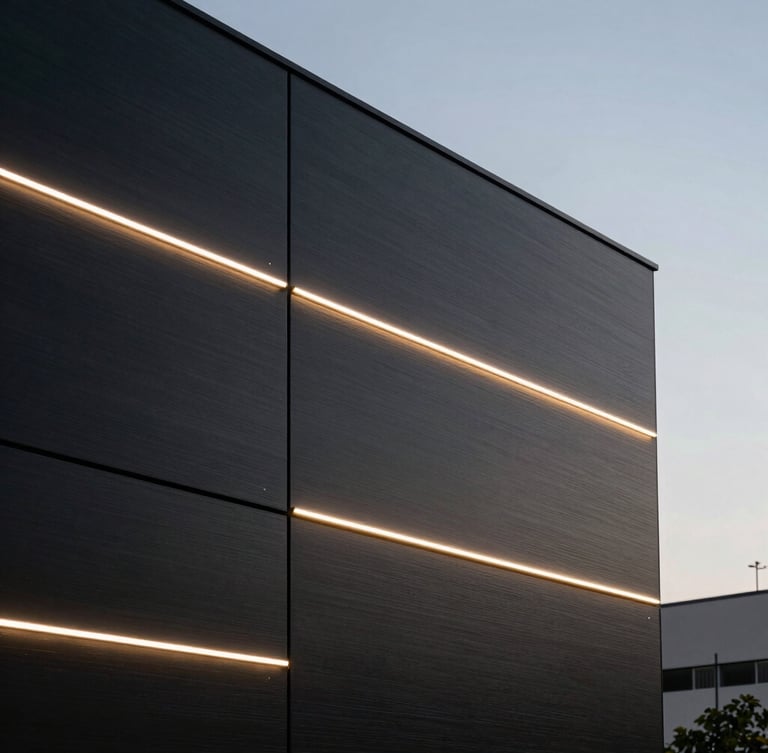 Close-up of a premium brushed black ACM facade with perfectly aligned joints and integrated LED lighting at dusk, São Paulo.