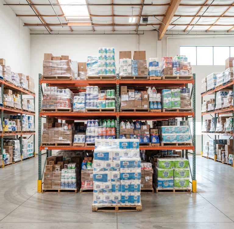 Straight-on eye-level shot of neatly stacked pallets of household goods in a bright, clean warehouse, high-key daylight, neutral industrial tones, sharp focus, 35mm lens.