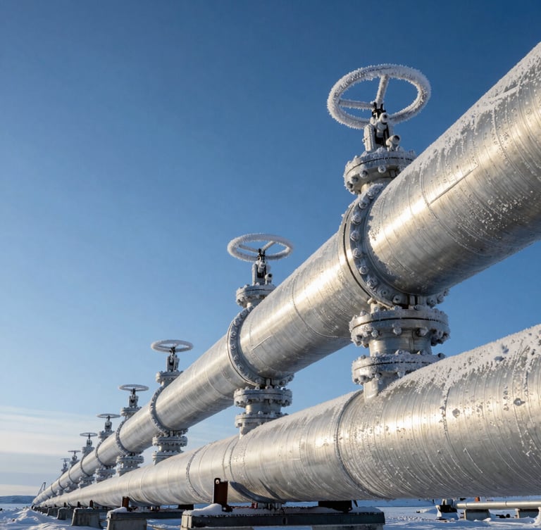 Low-angle Arctic sun reflecting off massive frost-coated steel natural gas pipelines, industrial valves, cold blue atmosphere, negative space on the left.
