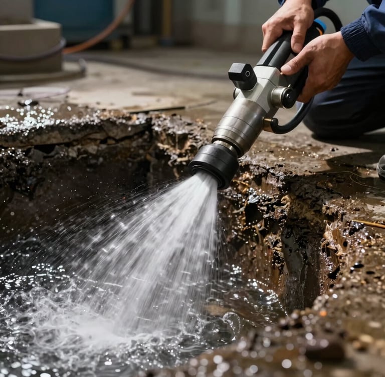 Close-up of a professional technician operating a high-pressure water jetting machine, intense water spray clearing a heavy drain blockage, dramatic industrial lighting, high contrast.