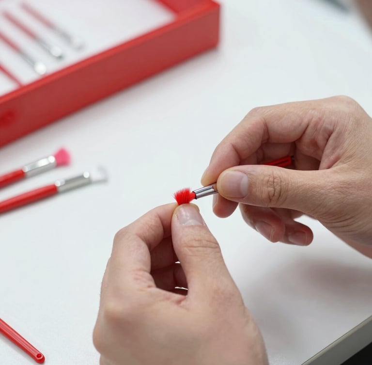 Close-up of a worker hand-assembling cosmetic brush bristles under bright sterile workshop lighting, clean red and white tones, sharp focus, 35mm lens