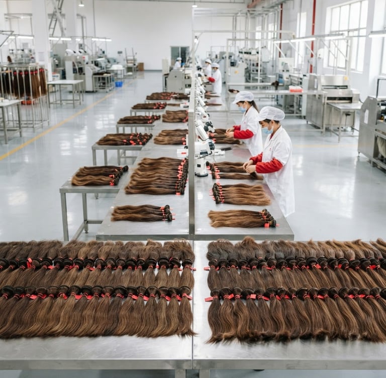 Crisp industrial photography of a clean factory floor, raw hair bundles organized on long steel tables, bright high-key lighting, red accents, sharp focus, 35mm lens