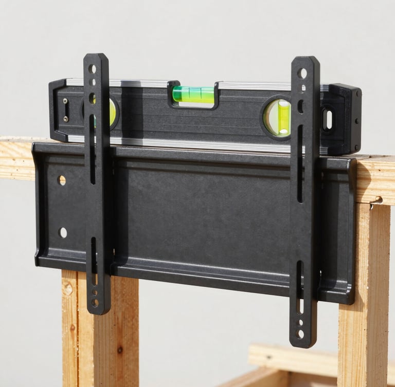Straight-on close-up of a heavy-duty steel TV mount being anchored into wood studs, precision bubble level resting on top, bright natural daylight, clean workspace.