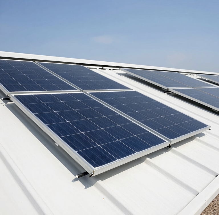 Crisp commercial photography of a flush-mounted solar panel array on a clean roof under bright daylight, level angle, 35mm lens