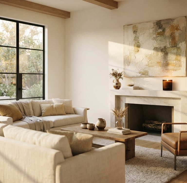 Wide shot of a sun-drenched minimalist living room, a glowing luxury candle on a marble mantel to the right, a textured abstract painting on the wall, soft golden-hour window light, rich ivory and muted gold tones, shallow depth of field, 35mm