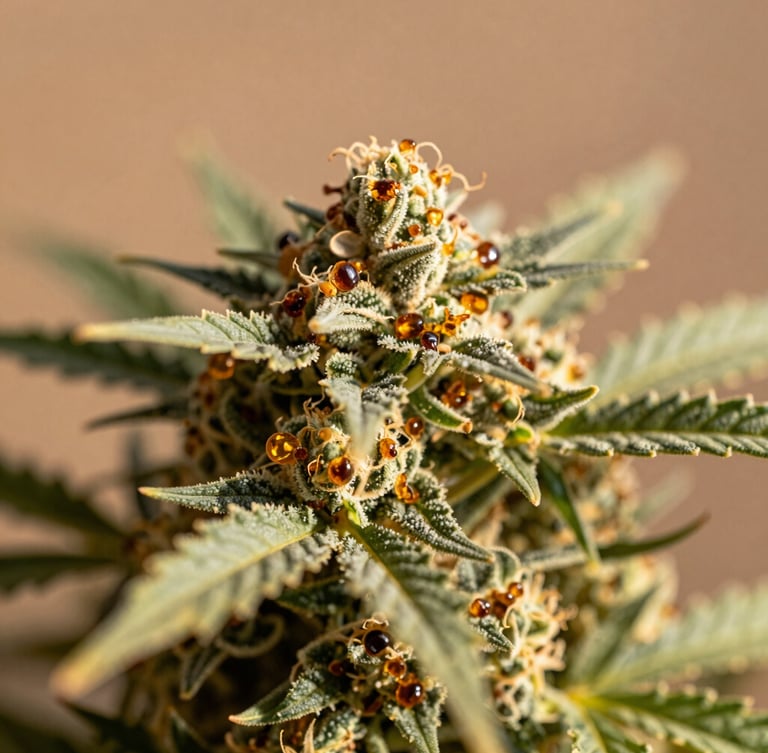 Macro extreme close-up of a premium, trichome-rich hemp flower, showing amber crystals and delicate sage green leaves, bathed in warm natural sunlight, shallow depth of field
