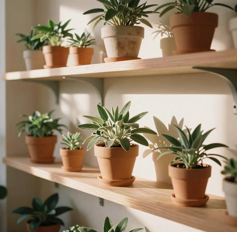 Warm sun-drenched interior of a minimalist botanical boutique in Miami, terracotta shelves, potted sage plants, soft golden-hour Florida sunlight casting gentle shadows, 35mm photography