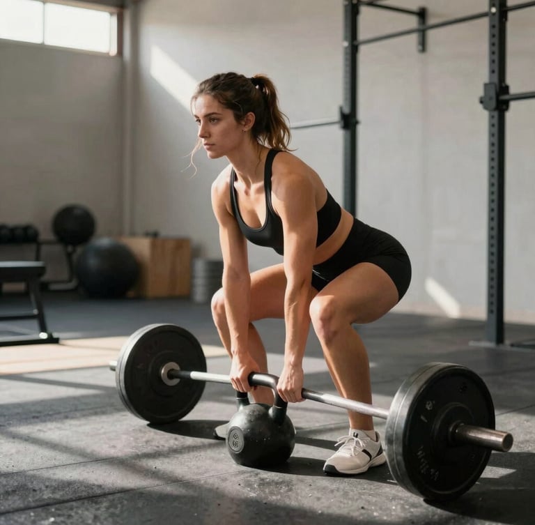 Action shot of Grace demonstrating a clean kettlebell deadlift with focused technique, bright natural daylight, high-contrast shadows, modern Tijuana gym environment, 35mm.