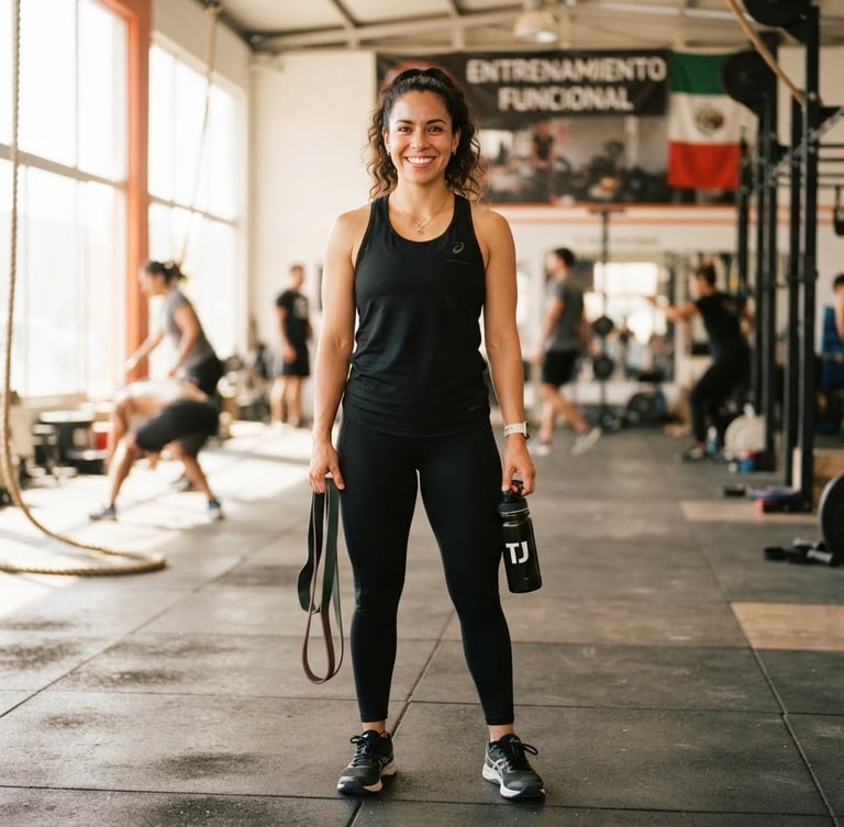 Bright athletic portrait of Grace, a physical educator with a warm and confident smile, standing in a naturally lit Tijuana training facility, wearing athletic gear, shallow depth of field, 35mm.