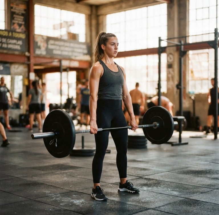 Bright athletic photography, Grace demonstrating proper lifting form in a daylight-filled Tijuana training studio, 35mm, crisp focus, shallow depth of field