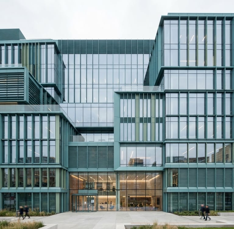Clean structured composition of a modern energy-efficient corporate building facade, sharp architectural details, cool teal metal and glass, bright overcast daylight.