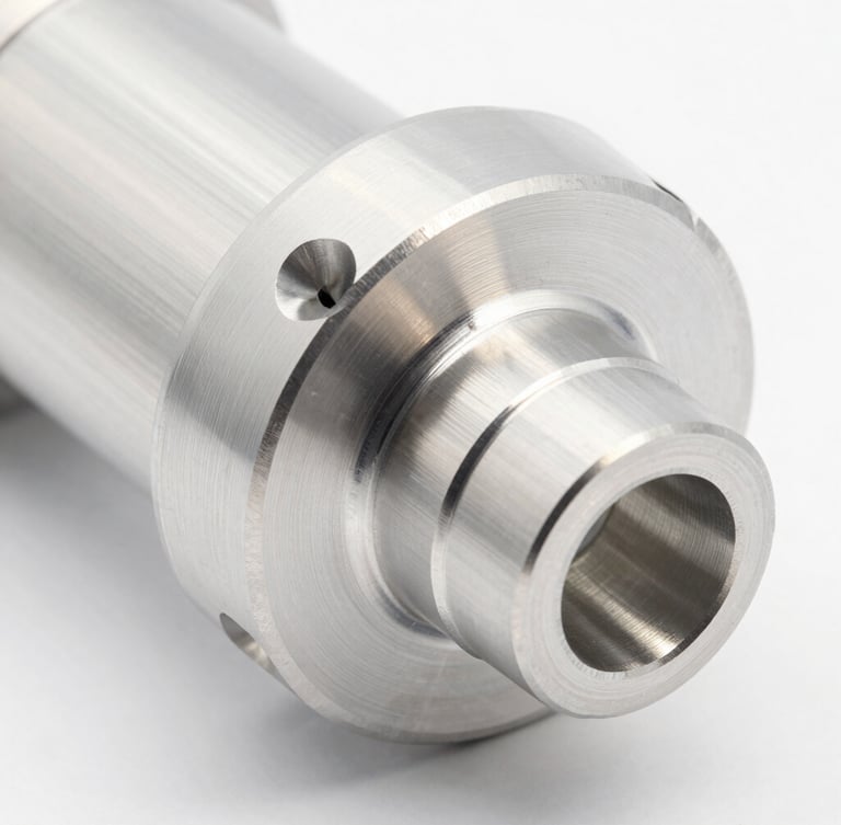 Close-up macro shot of a gleaming CNC-milled billet aluminum aerospace component, bright high-key studio lighting, crisp metallic reflections, clean white background, sharp focus