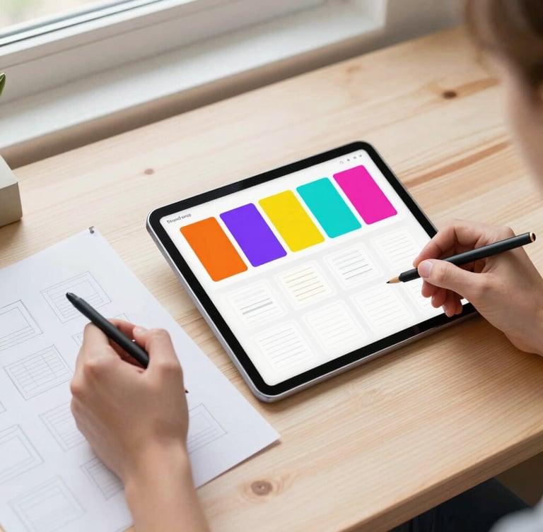 Overhead flatlay shot of a clean wooden workspace with hands sketching layout wireframes next to a tablet showing a vibrant brand guide, bright natural morning light