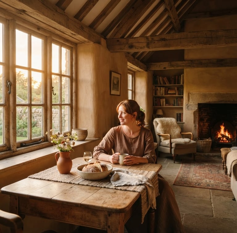 Warm editorial photography of a beautifully restored Norman farmhouse interior with exposed timber beams and soft clay-plaster walls, warm golden hour light streaming through a window, 35mm.