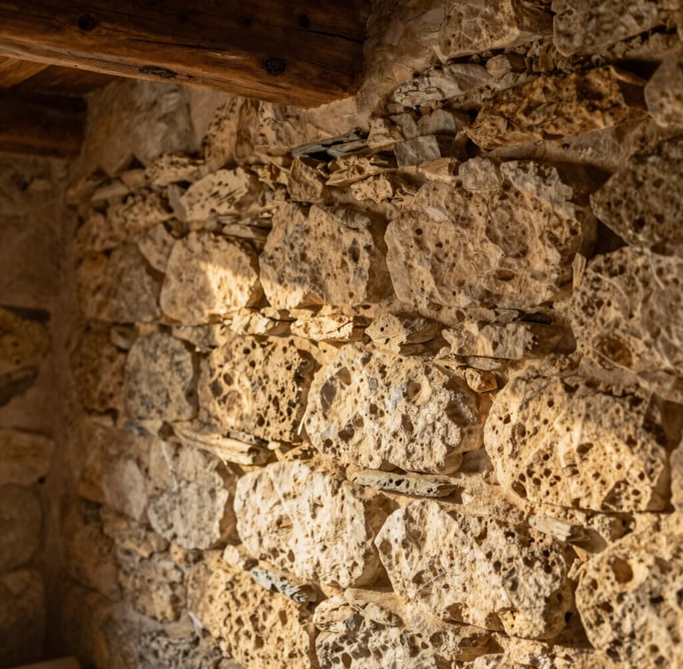 Detailed close-up of a rustic stone wall made of Caen limestone, warm sunlight grazing the texture, exposed oak beam in a cozy Normandy farmhouse interior, soft focus, editorial photography