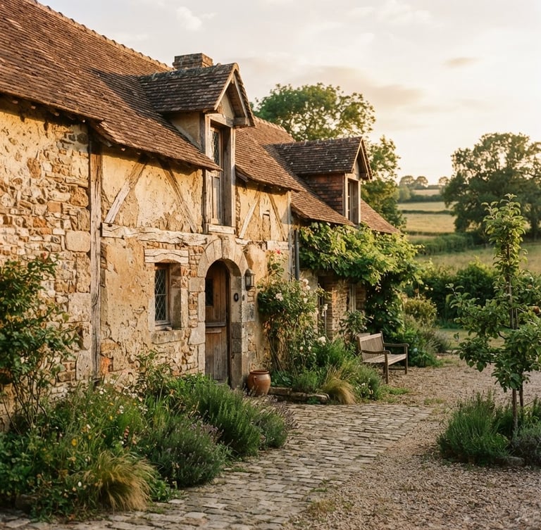 Warm editorial photography of the eco-restored Normandy farm buildings at golden hour, highlighting natural clay and lime textures, 35mm