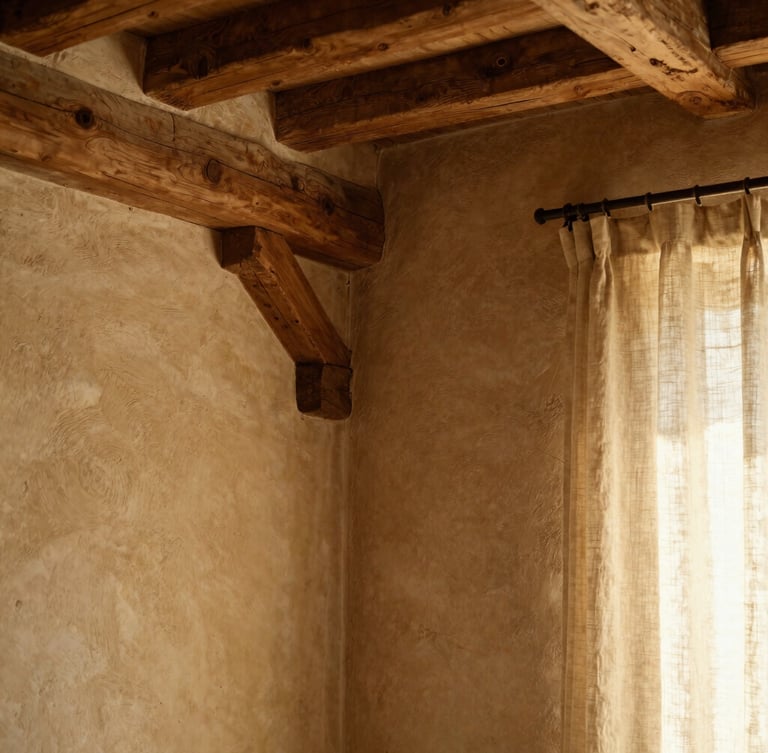 Portrait orientation of a beautifully restored interior corner of the farmhouse, showing exposed oak beams, textured clay walls, and a soft linen curtain catching warm daylight, shallow depth of field.