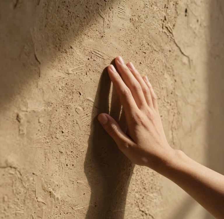 Close-up of a hand touching a textured clay and lime plaster wall, warm sunlight casting soft shadows, earthy organic feel, 35mm
