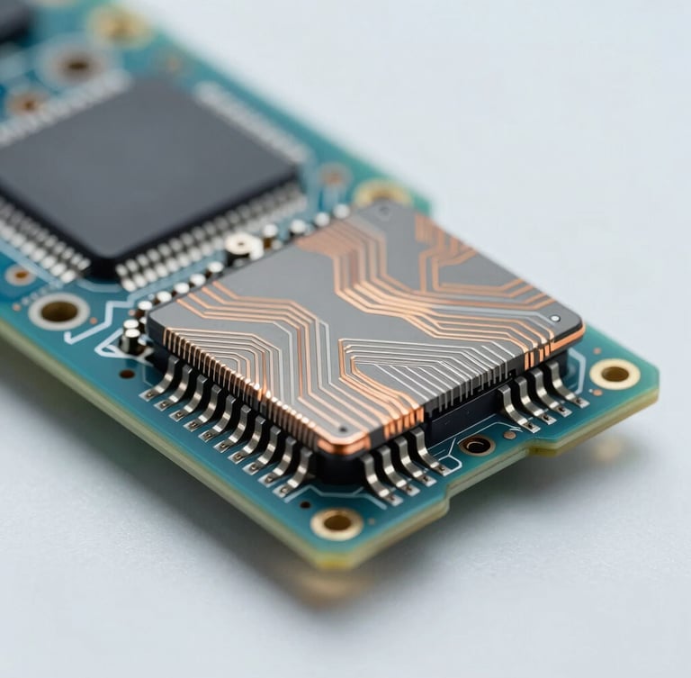 Macro technical photography of a multi-layer PCB cross-section, cool clinical cleanroom lighting, sharp focus on copper traces, 50mm