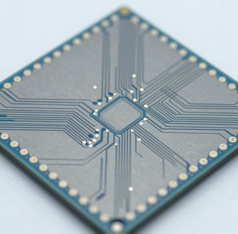Extreme macro technical photography of a silicon wafer die under cool clinical cleanroom lighting, sharp focus, 50mm, showing micro-grooves and circuit pathways