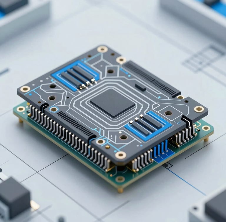 Top-down orthographic blueprint schematic of a multi-layer PCB cross-section, sharp vector lines, slate gray and signal blue accents on a light background