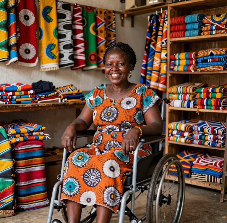 A medium eye-level shot of a Kenyan woman with a physical disability smiling warmly in her brightly lit tailoring shop in Nairobi, surrounded by colorful East African fabrics, warm natural light, 35mm