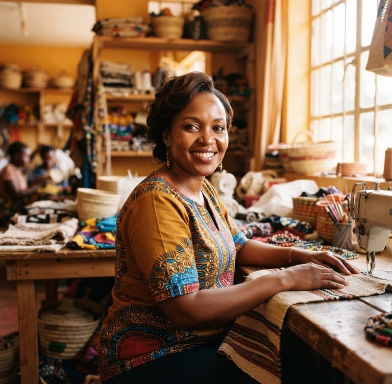 Empowering eye-level portrait of a Kenyan female entrepreneur in a bright, sunlit Nairobi workshop, smiling confidently at the camera, warm natural East African sunlight, rich ochre tones, 35mm