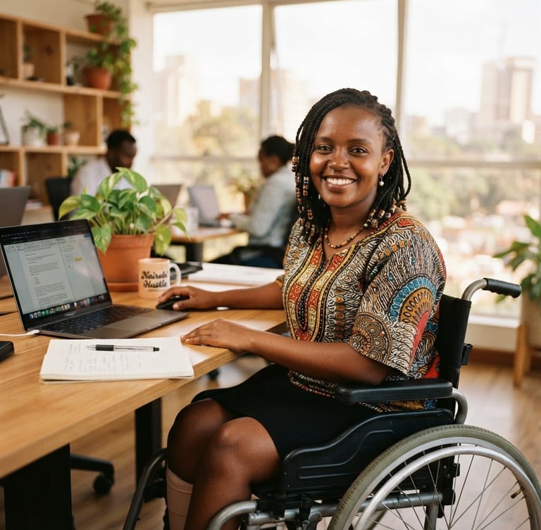 Dignified portrait of a smiling Kenyan woman with a physical disability sitting at her bright, sunlit office desk in Nairobi, warm editorial photography, 35mm.