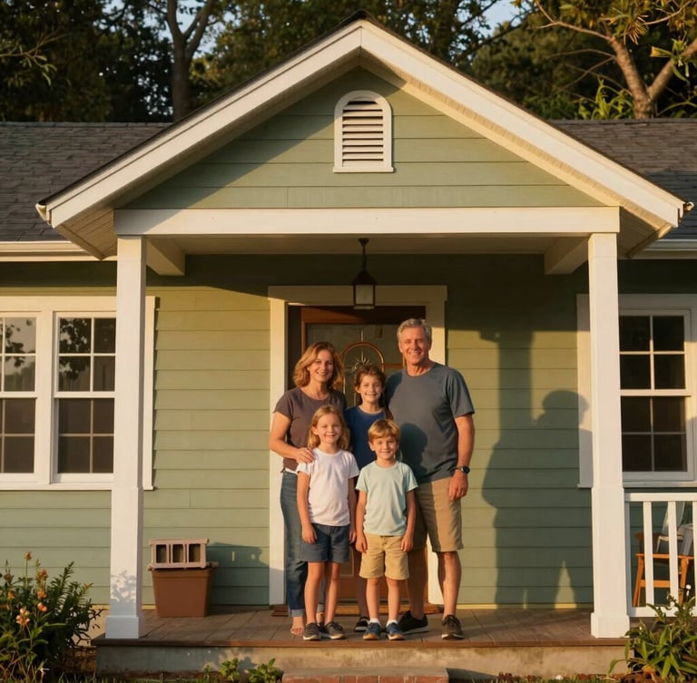 Medium environmental portrait of a smiling family standing on the porch of their newly restored, energy-efficient home, warm golden-hour daylight, soft forest green architecture in background