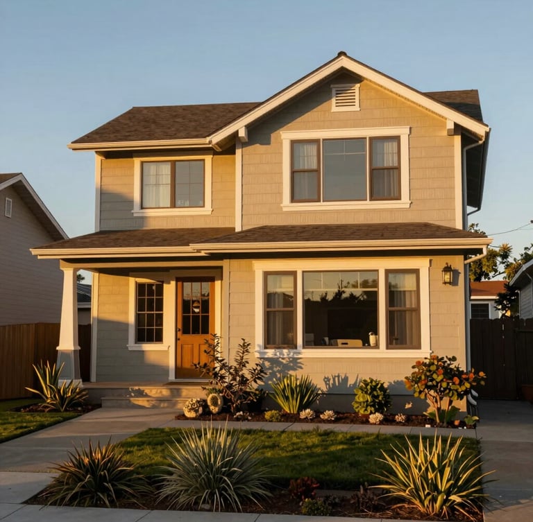 A medium shot of a beautifully restored energy-efficient craftsman home at golden hour, warm light reflecting off clean windows, a native garden in the foreground.
