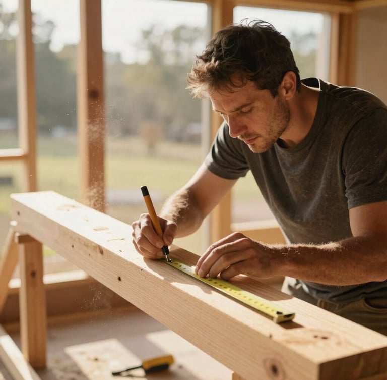 A close-up of a carpenter carefully measuring a reclaimed wood beam inside a bright, sunlit house under construction, soft dust motes in the warm air.