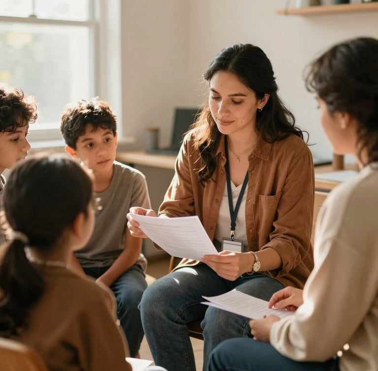 A warm environmental portrait of a female housing coordinator sitting with a family in a bright, sunlit office, reviewing documents together.