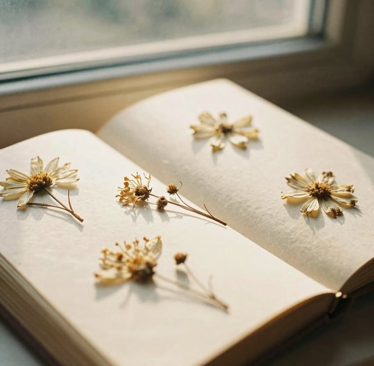 Close-up of an open antique journal with dried flowers pressed between its pages, soft, diffused golden-hour light, natural shadows, 35mm film aesthetic.