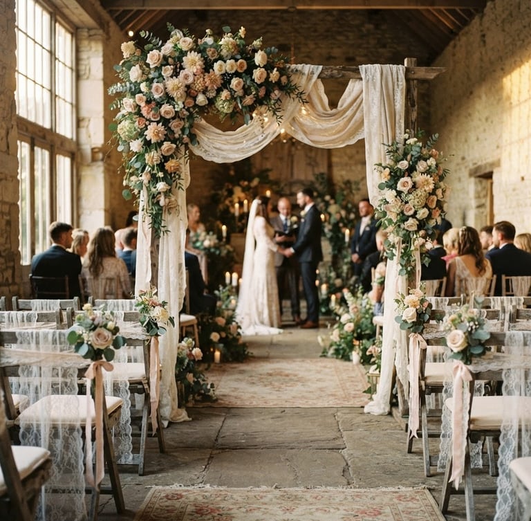 Wide shot of a vintage wedding aisle, an antique floral arch at the end, soft golden-hour light, delicate lace draping, weathered wooden chairs, shallow depth of field.