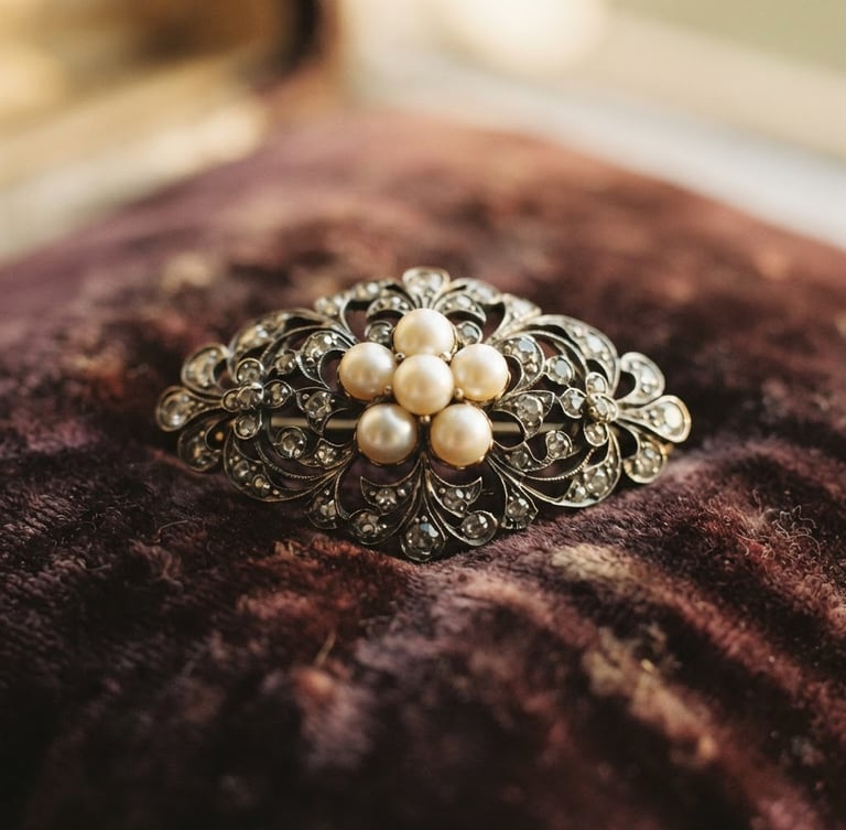Close-up of an antique pearl and diamond brooch on a velvet cushion, soft golden-hour window light, shallow depth of field, muted antique tones, 35mm film.