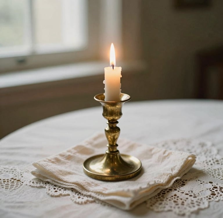 Portrait-oriented close-up of a vintage brass candlestick with a lit candle, illuminating a delicate lace tablecloth and linen napkin, warm diffused golden light, shallow depth of field.