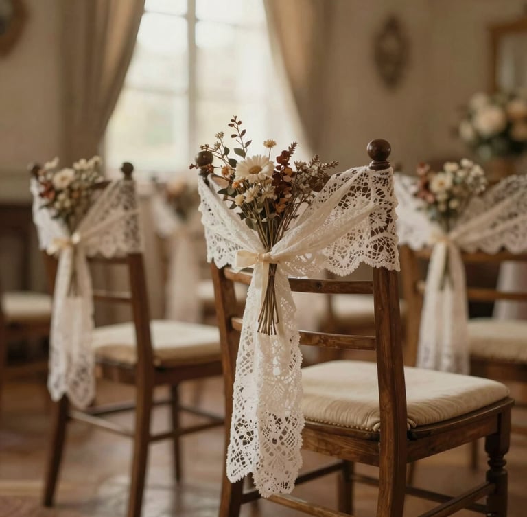 Portrait shot of a beautifully decorated wedding aisle, seen from a low angle, soft focus on an antique wooden chair adorned with lace and dried blooms, warm diffused light, intimate and poetic atmosphere.
