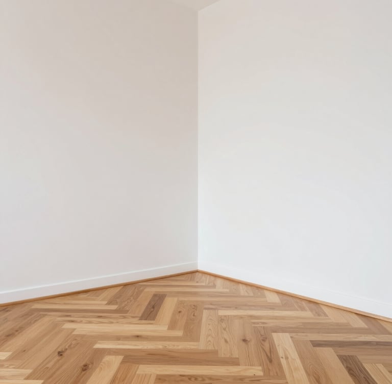 A clean interior room under bright natural daylight, showing sharp white drywall corners, newly laid oak parquet floor, dust-free professional finish, 35mm lens