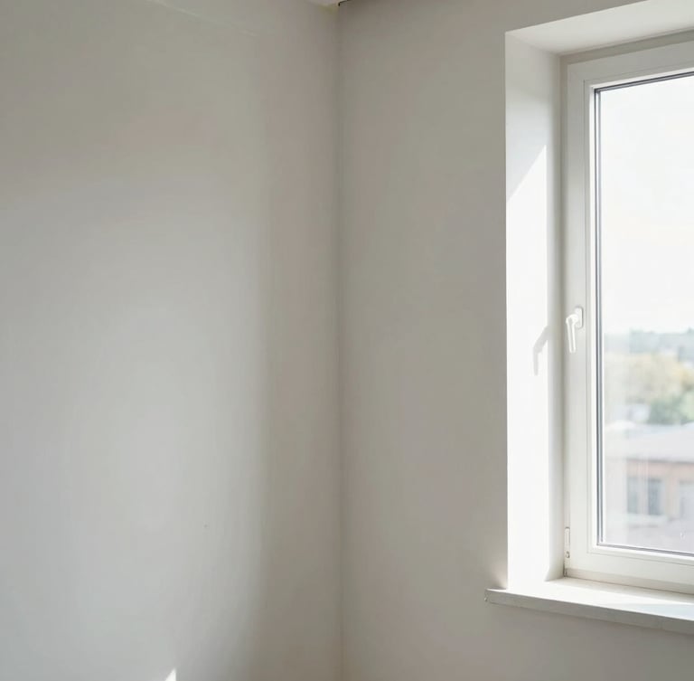 Bright architectural interior shot of a finished drywall joint, perfectly smooth plaster surface illuminated by soft daylight streaming from a side window.