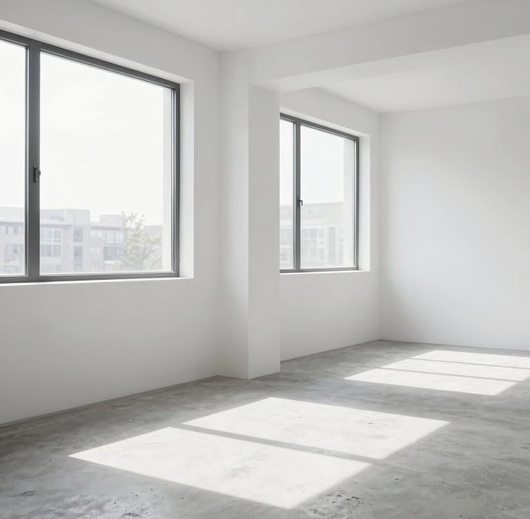 Bright natural daylight streaming through large windows of a newly finished room, pristine white drywall joints perfectly sanded, dust-free concrete floor, clean architectural lines, minimalist space, 35mm lens