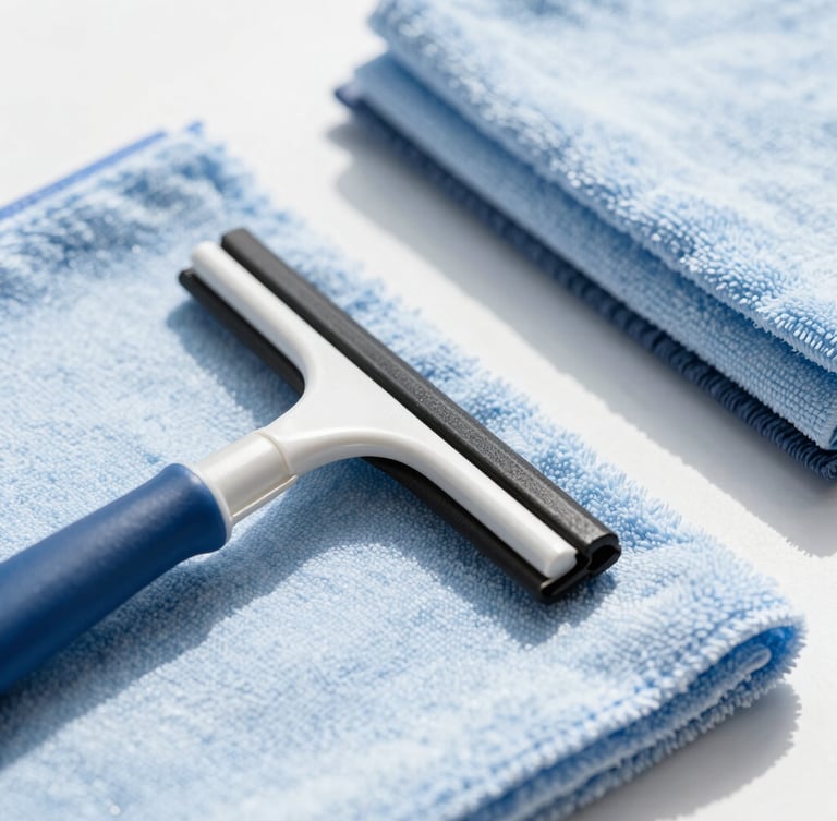 Extreme close-up of neatly organized professional cleaning tools, squeegee, microfiber cloths, bright natural daylight, high-contrast, cool tones