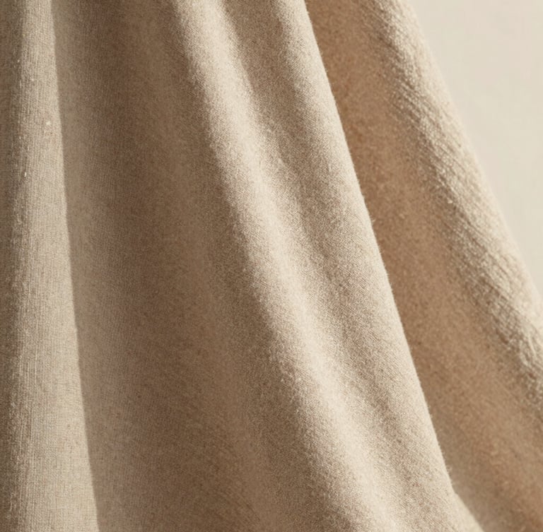 Close-up of premium linen fabric drape, warm natural afternoon light, subtle grain, 35mm lens